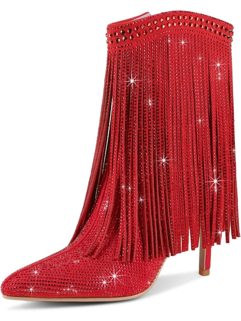 Women's Red Faux Leather Rhinestone Sparkly Bling High Heel Side Zipper Boots